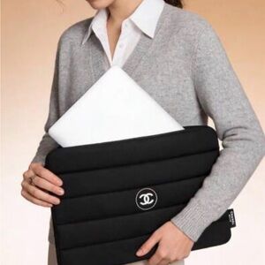 CHANEL Black Quilted Laptop Sleeve with CC Emblem